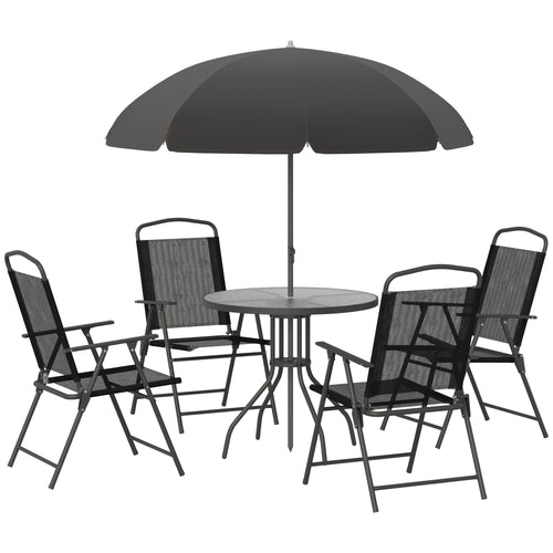 6 Pieces Outdoor Dining Set for 4 with Umbrella Patio Outdoor Furniture Set with Round Table 4 Folding Chairs Black