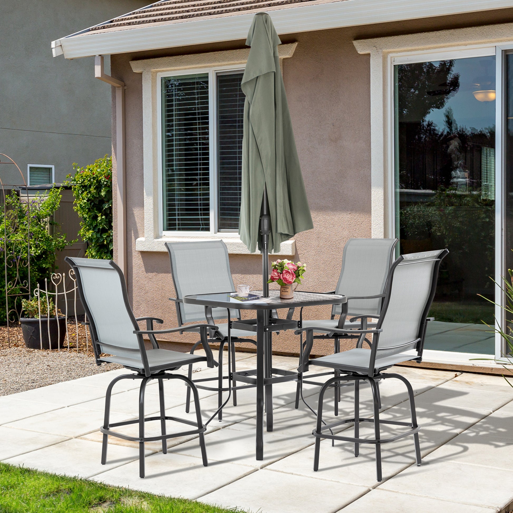 5 Pieces Patio Furniture Set, Outdoor Garden Conversation Set with Tempered Glass Table, 4 Swivel Chairs and Umbrella Hole, Grey Bistro Sets   at Gallery Canada