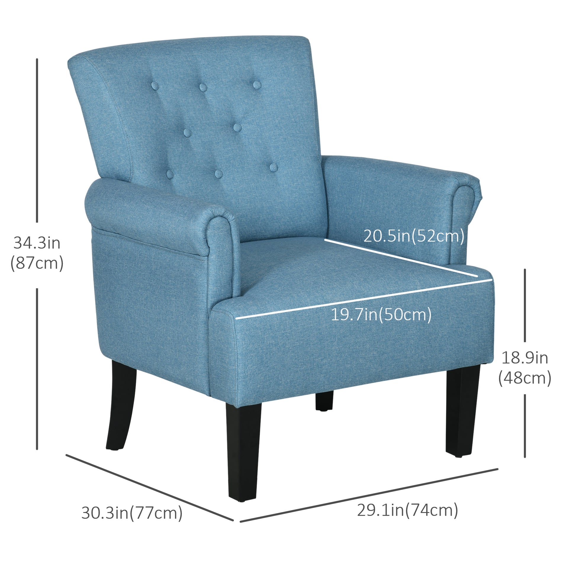 Armchair, Fabric Accent Chair, Modern Living Room Chair with Wood Legs and Rolled Arms for Bedroom, Blue Single Sofas   at Gallery Canada