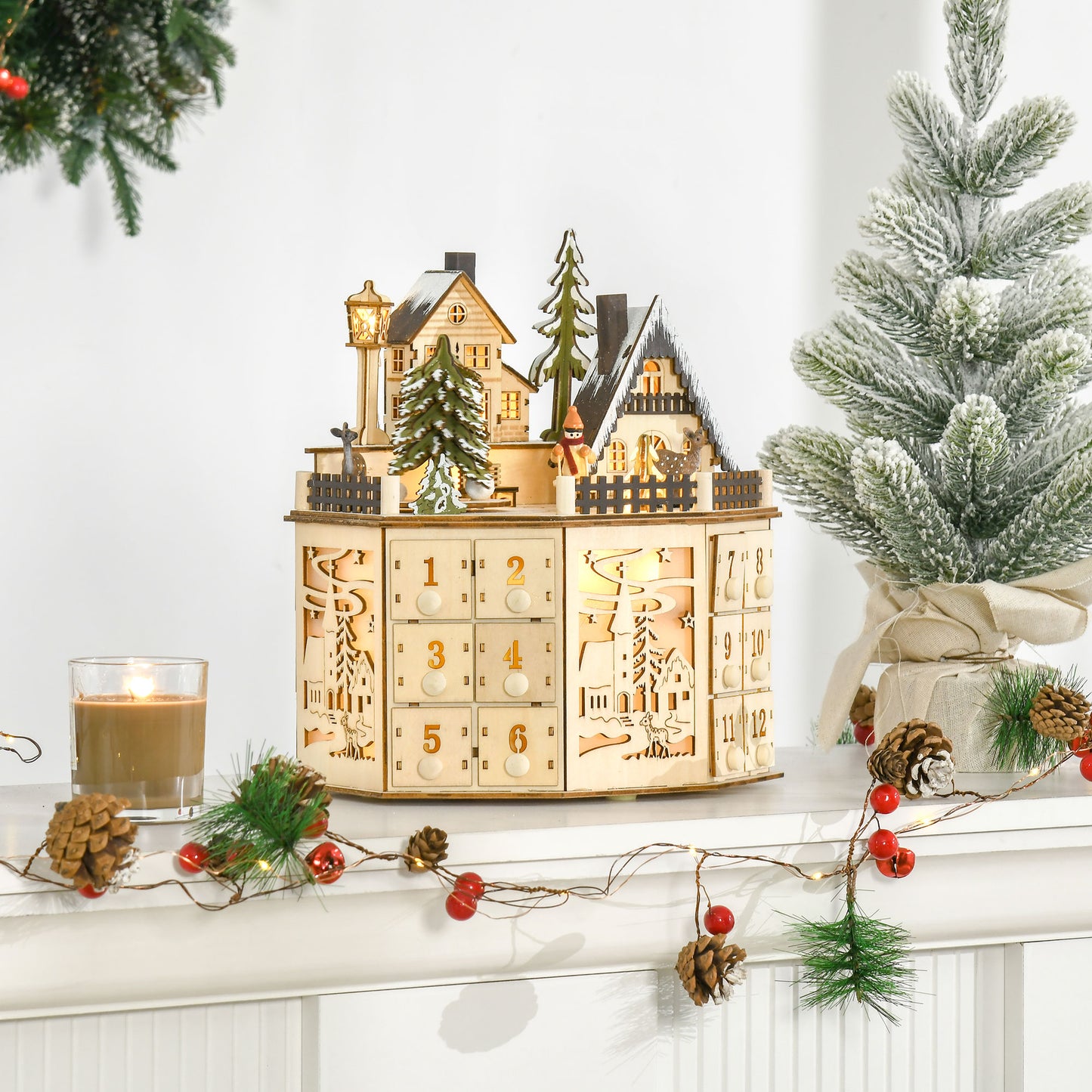 Wooden Christmas Advent Calendar, Lighted 24 Days Countdown to Christmas Table Decoration with Drawers for Kids and Adults, Battery Operated, Natural Christmas Advent Calendars   at Gallery Canada