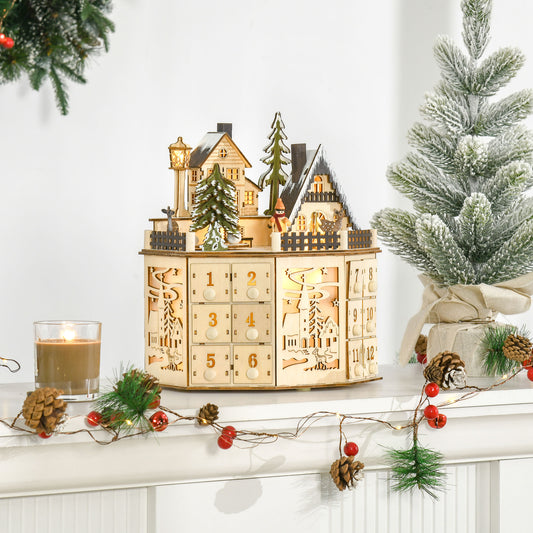 Wooden Christmas Advent Calendar, Lighted 24 Days Countdown to Christmas Table Decoration with Drawers for Kids and Adults, Battery Operated, Natural Christmas Advent Calendars Natural  at Gallery Canada