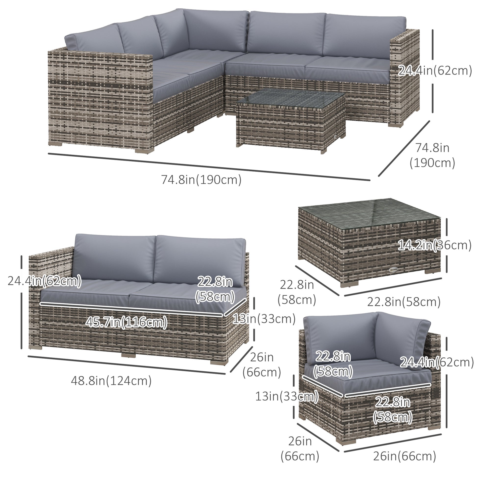 4 Pieces Rattan Wicker Outdoor Conversation Furniture Set w/ Corner Sofa Loveseats Coffee Table Cushions, Grey Patio Furniture Sets   at Gallery Canada