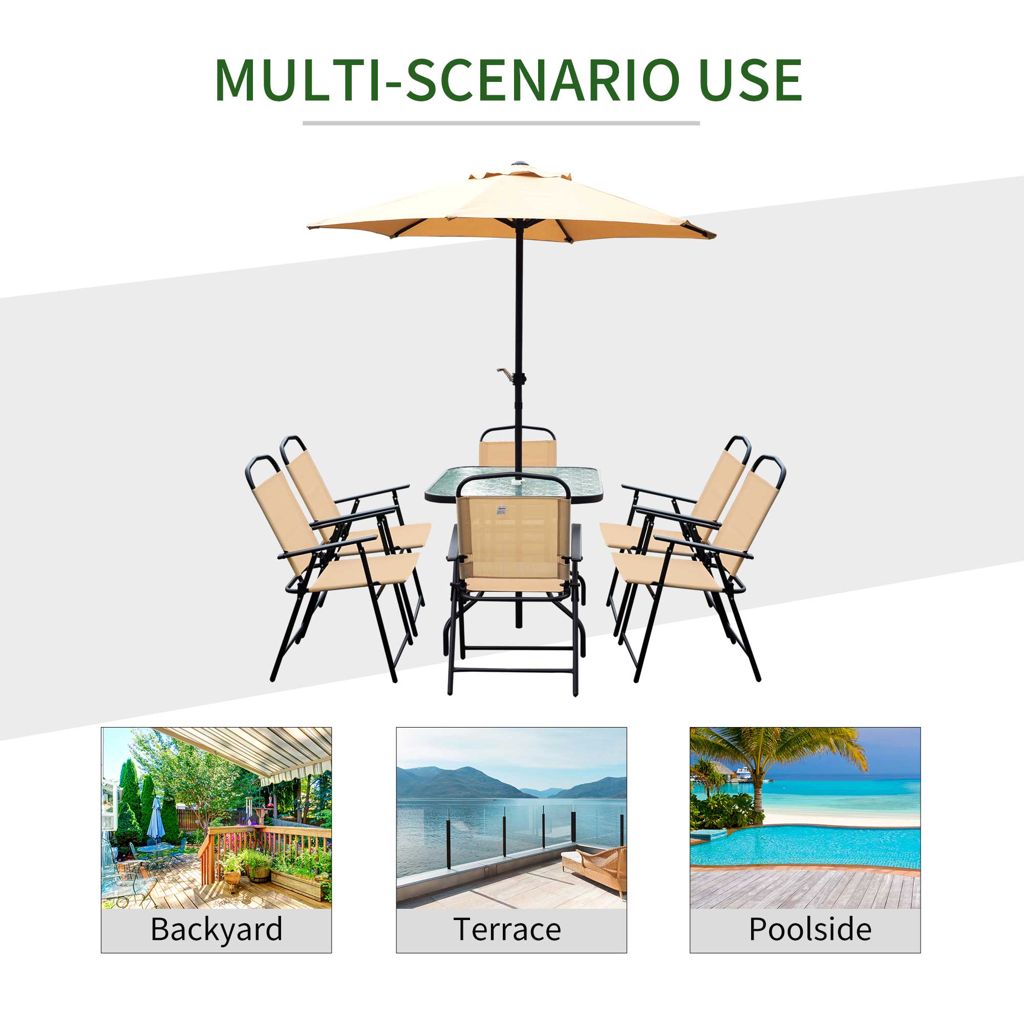 8pc Patio Garden Texteline Dining Set Outdoor Bistro Furniture 6 Folding Chairs with Table and Umbrella Beige Outdoor Dining Sets   at Gallery Canada