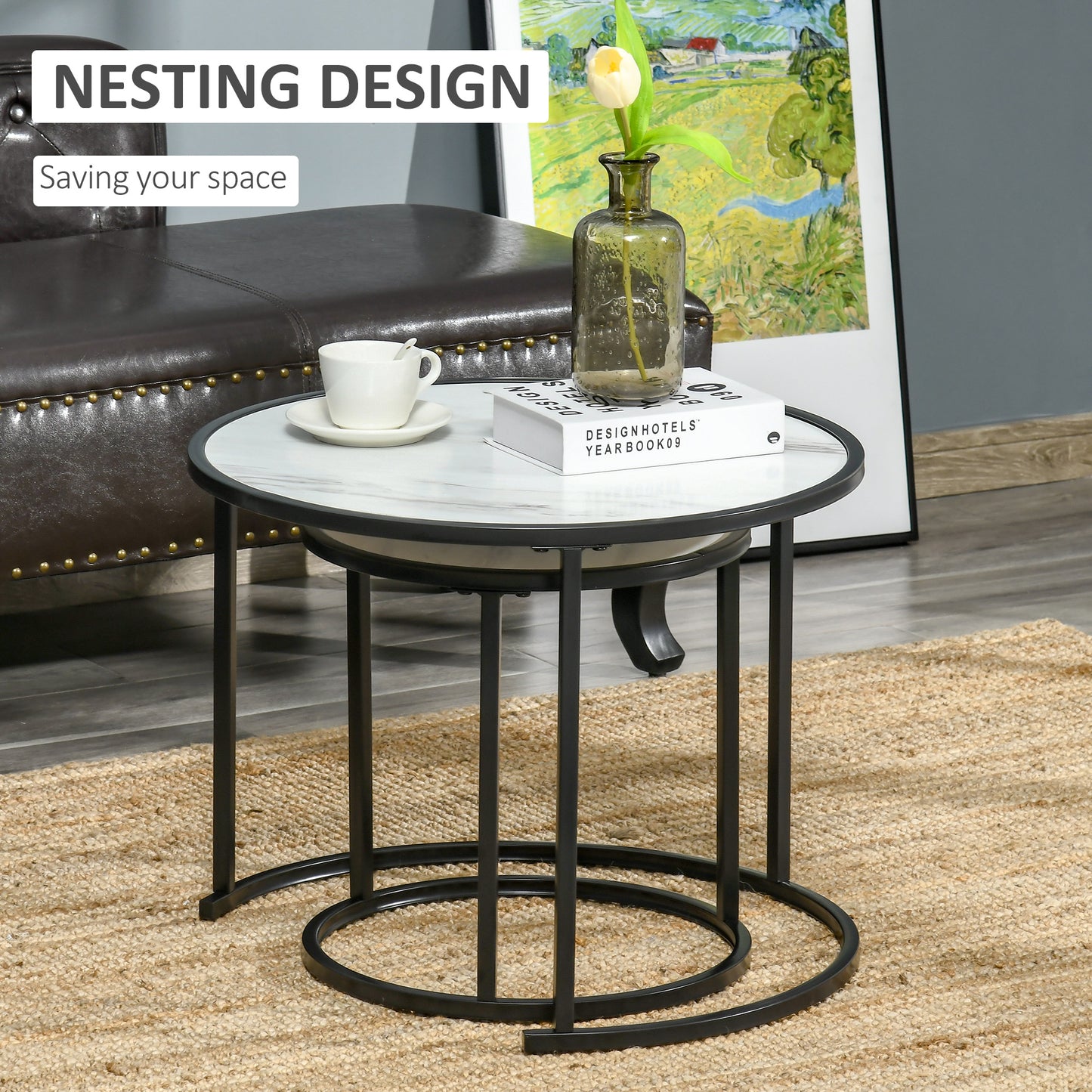 Round Nesting Coffee Table Set of 2, Stacking Modern Accent Tables with Faux Marble Tabletop and Metal Frame for Living Room, White Coffee Tables   at Gallery Canada