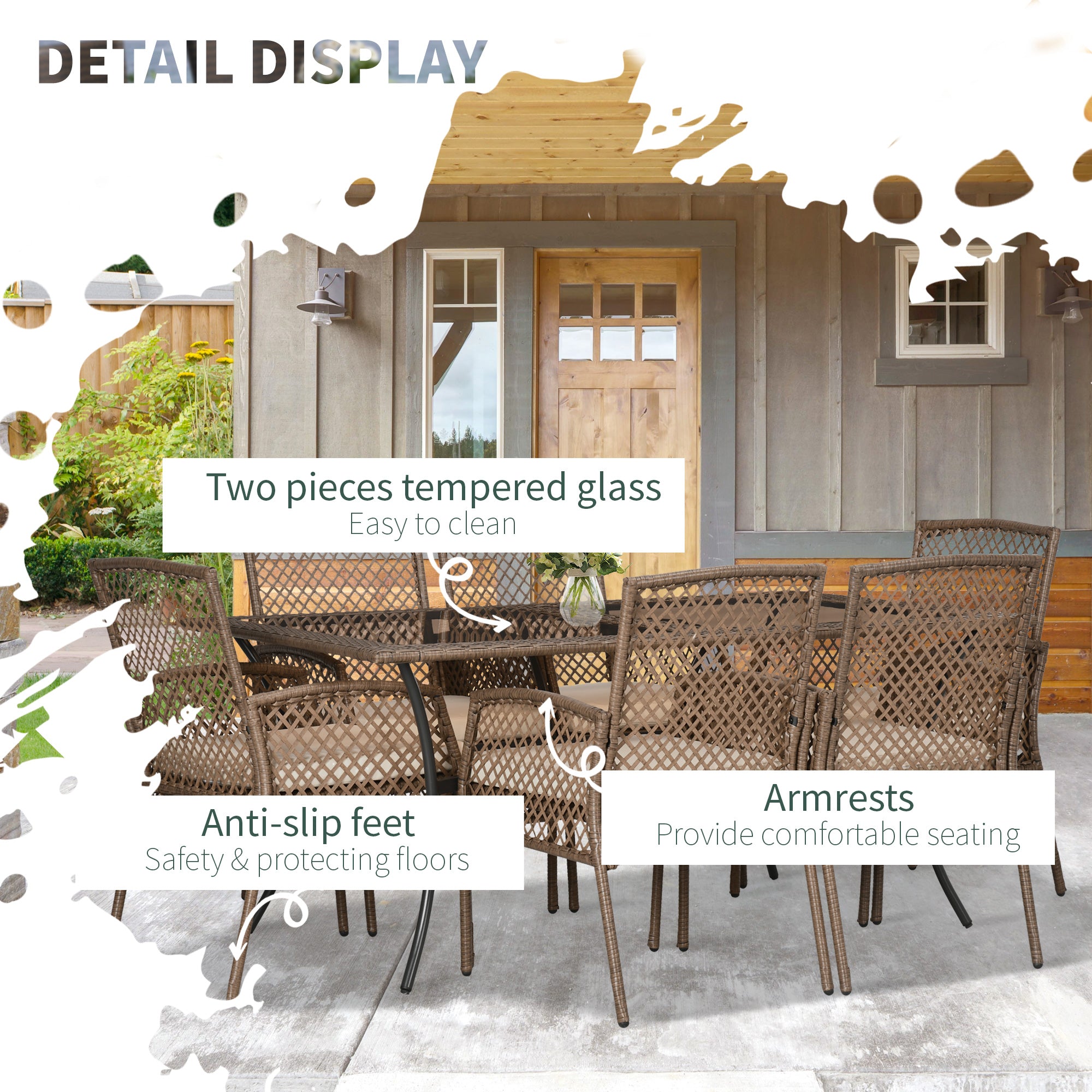 7-Piece Wicker Patio Dining Set with Cushions, Glass Table, 6 Chairs, Beige Outdoor Dining Sets   at Gallery Canada