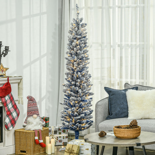 6' Flocked Christmas Tree, Pencil Prelit Artificial Christmas Tree with Snow Branches, Blue - Gallery Canada