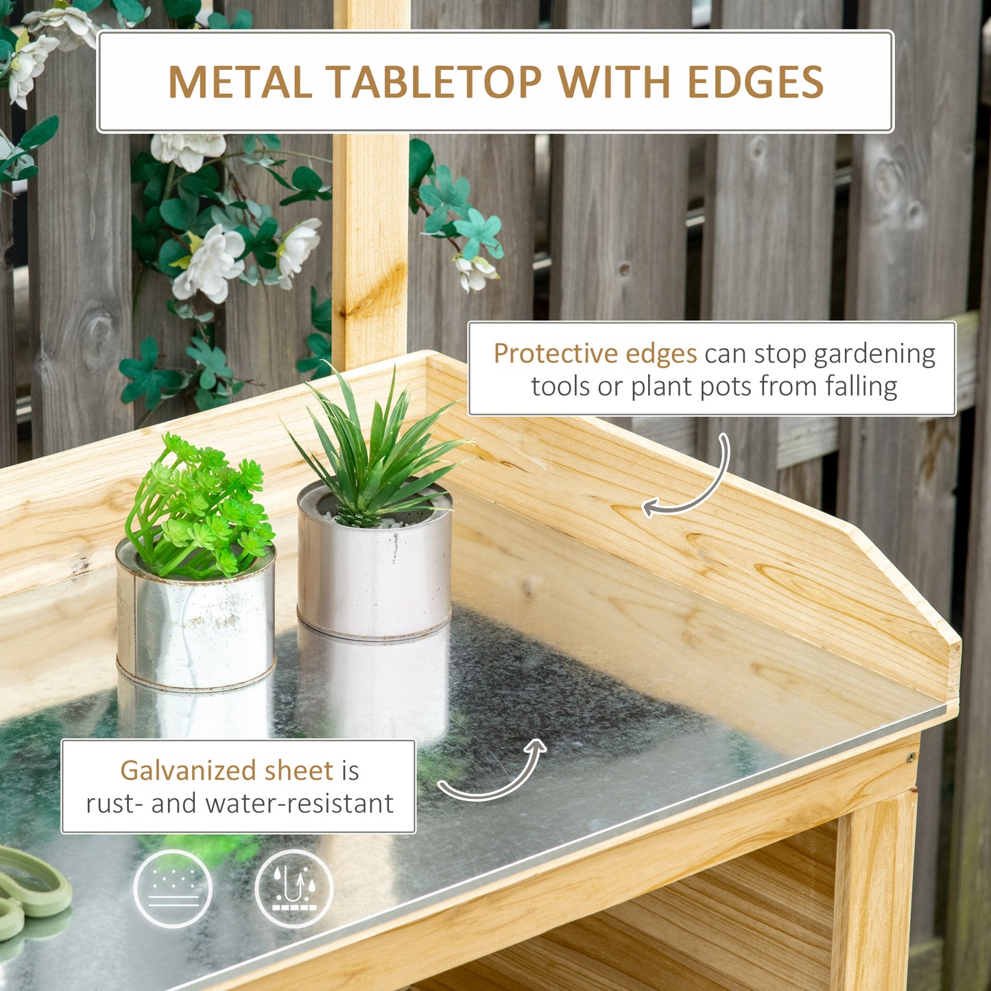 Potting Bench Table, Wooden Garden Workstation Bench with Galvanized Metal Tabletop, Storage Shelves and Hooks for Patios, Courtyards, Balcony Potting Benches & Tables   at Gallery Canada