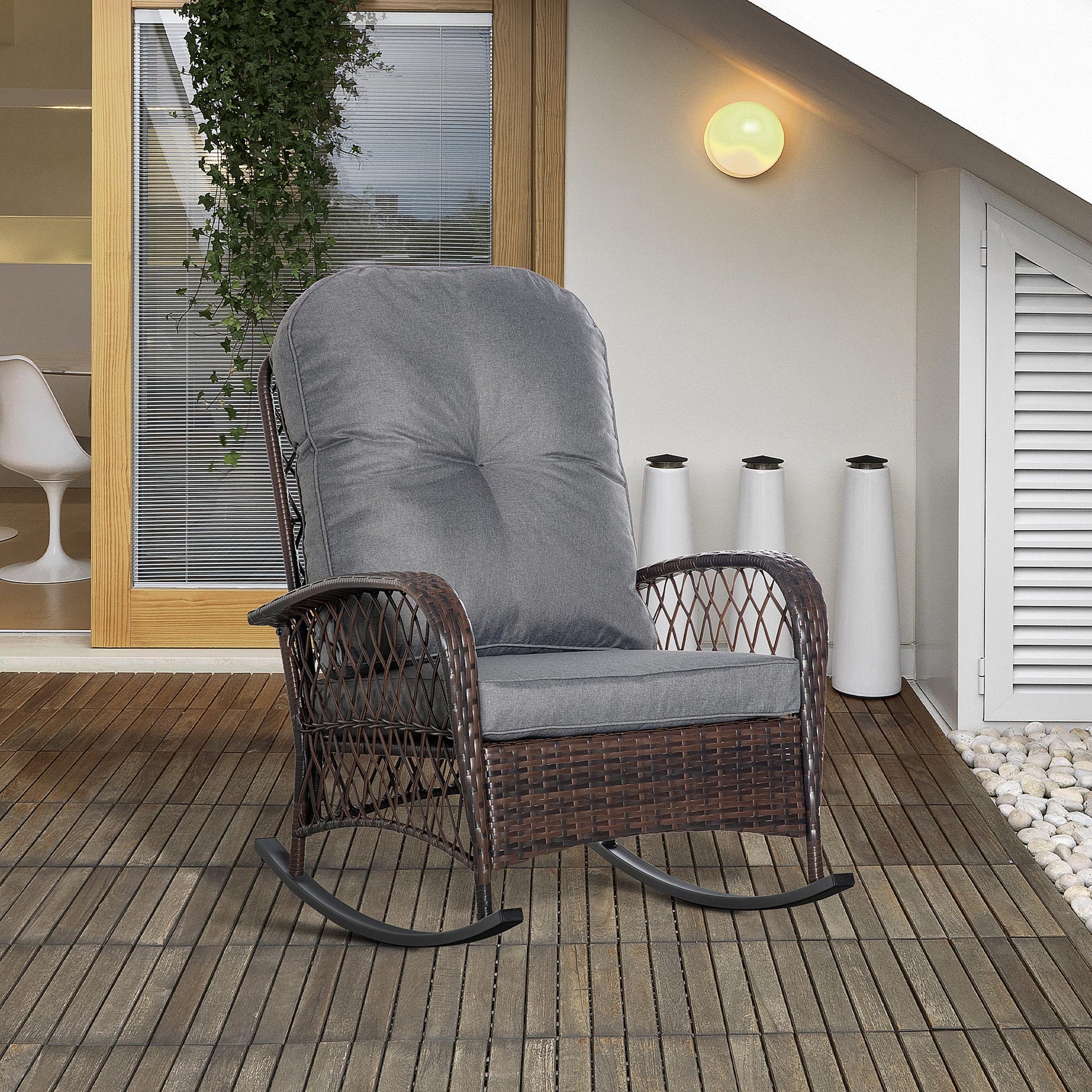 Rattan Rocking Chair, Outdoor Wicker Patio Rocker Chair Furniture with Thick Cushions, for Garden Backyard Porch, Grey Outdoor Rocking Chairs   at Gallery Canada