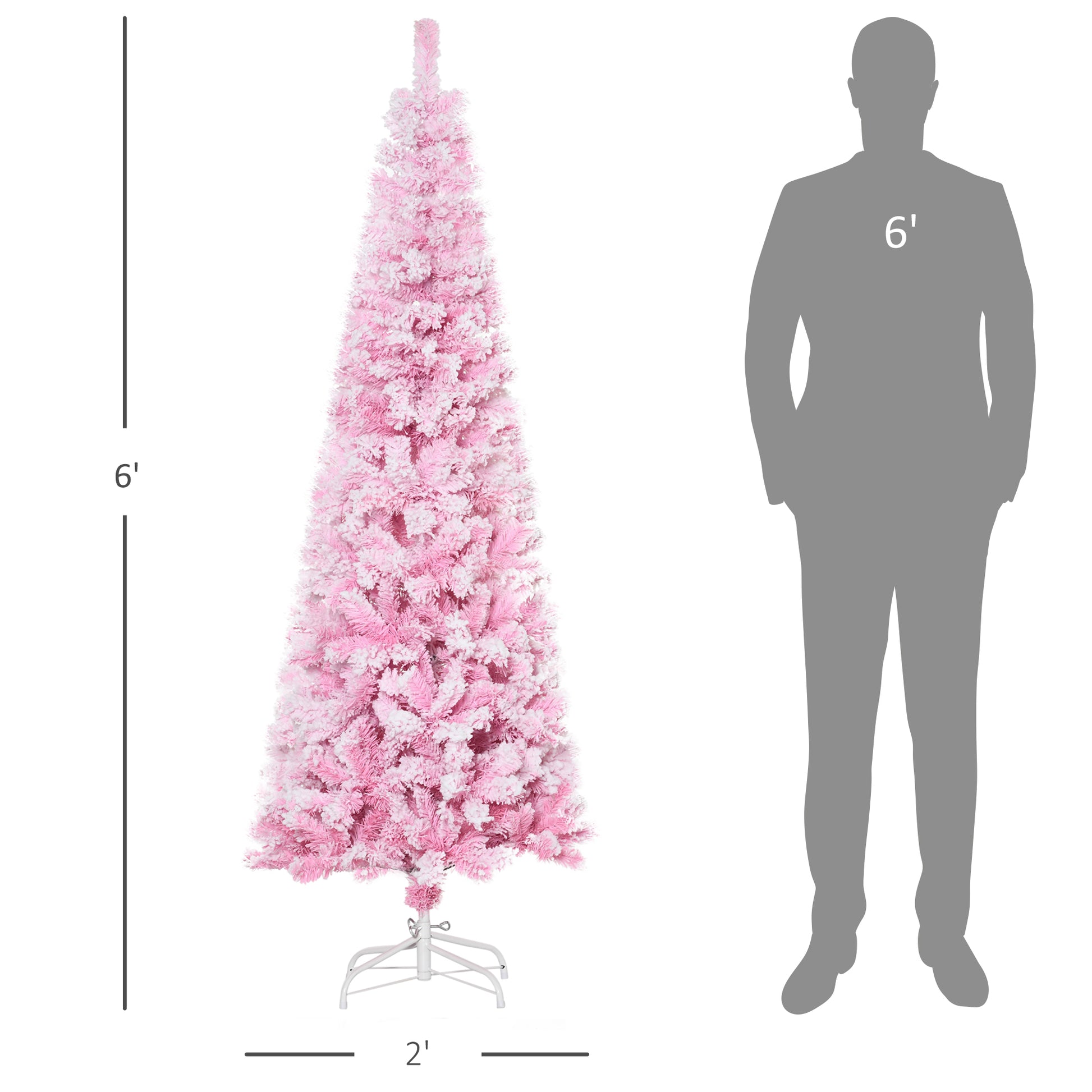 6 FT Snow Flocked Artificial Christmas Tree, Pencil Xmas Tree with Realistic Branches, Auto Open and Steel Base, Pink Artificial Christmas Trees   at Gallery Canada