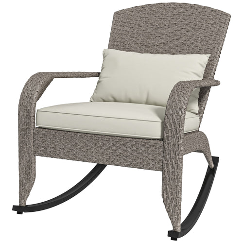 Adirondack Chair, Outdoor Wicker Rocking Chair with High Back, Seat Cushion and Pillow for Porch, Balcony, Cream White