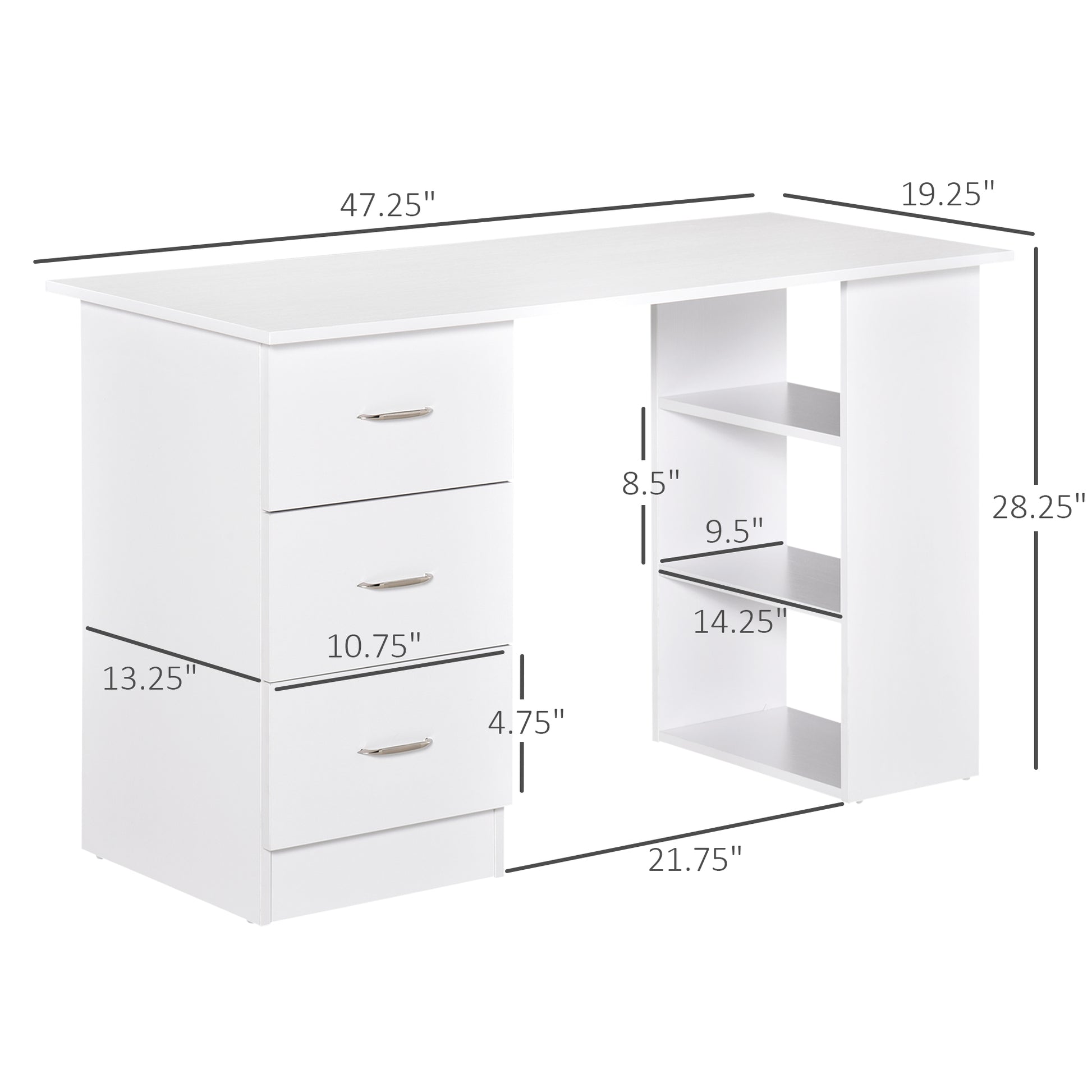 Computer Writing Desk Study Table Student Workstation w/ 3 Shelf &; 3 Storage Drawers Home Office Furniture White Writing Desks White  at Gallery Canada