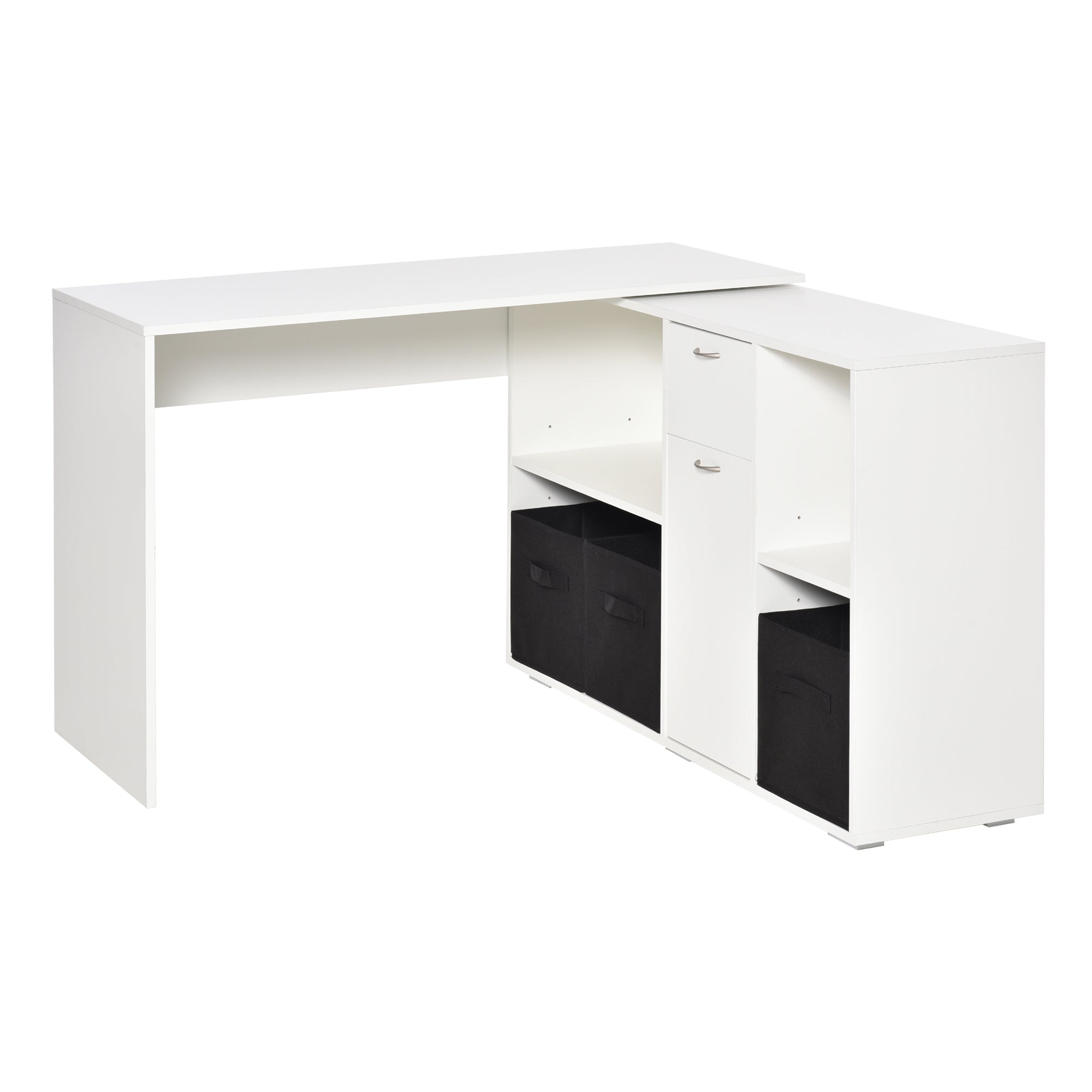 Convertible L-Shaped Computer Desk, Corner Table wth 3 Fabric Storage Boxes, Retractable Home Office Desk, White Writing Desks   at Gallery Canada