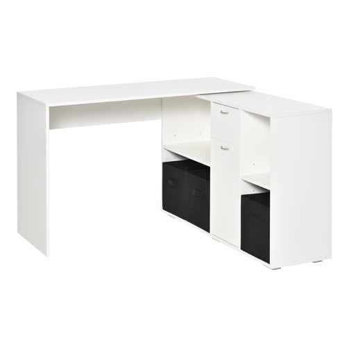 Convertible L-Shaped Computer Desk, Corner Table wth 3 Fabric Storage Boxes, Retractable Home Office Desk, White