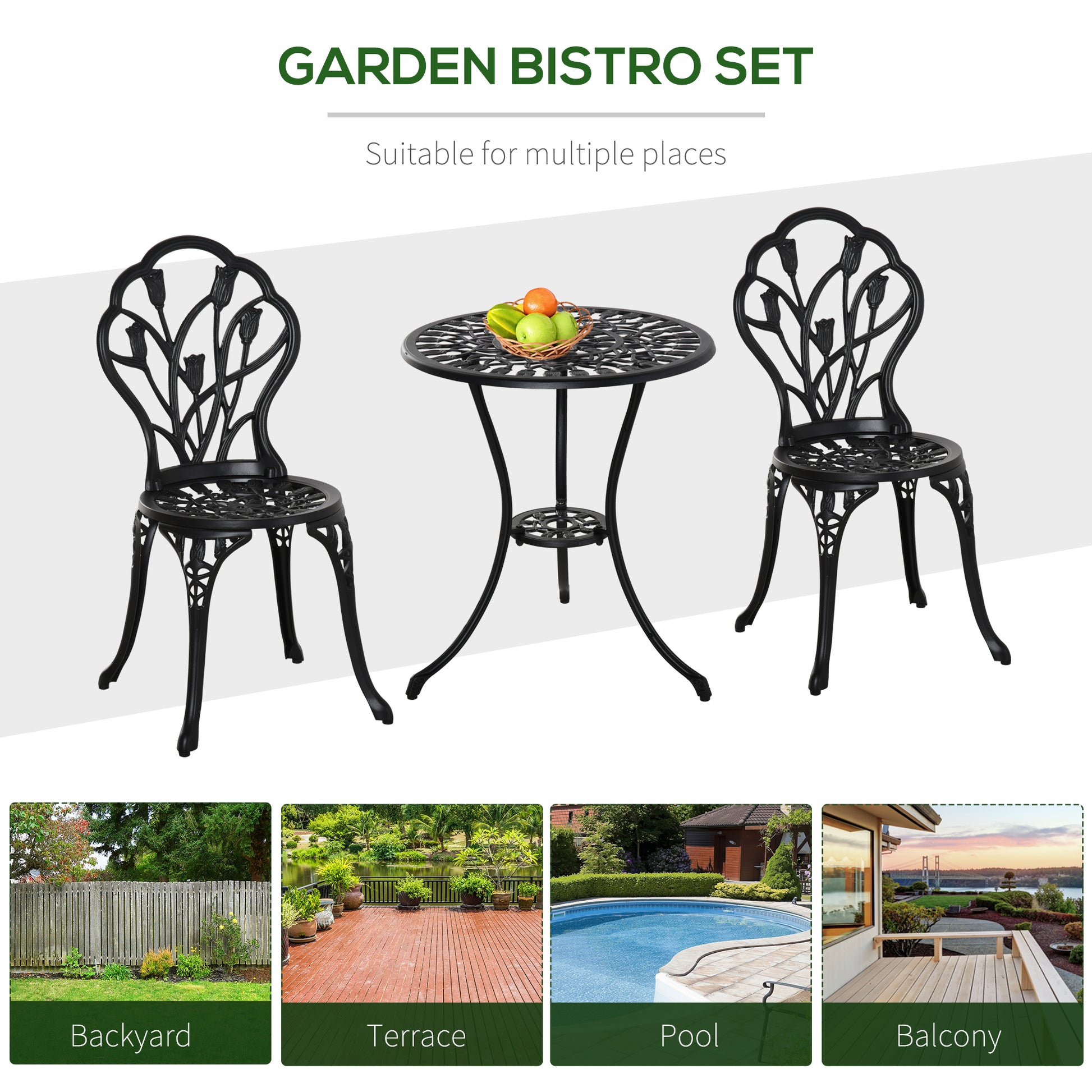 3PCs Patio Bistro Set, Outdoor Cast Aluminum Garden Table and Chairs with Umbrella Hole for Balcony, Black - Gallery Canada