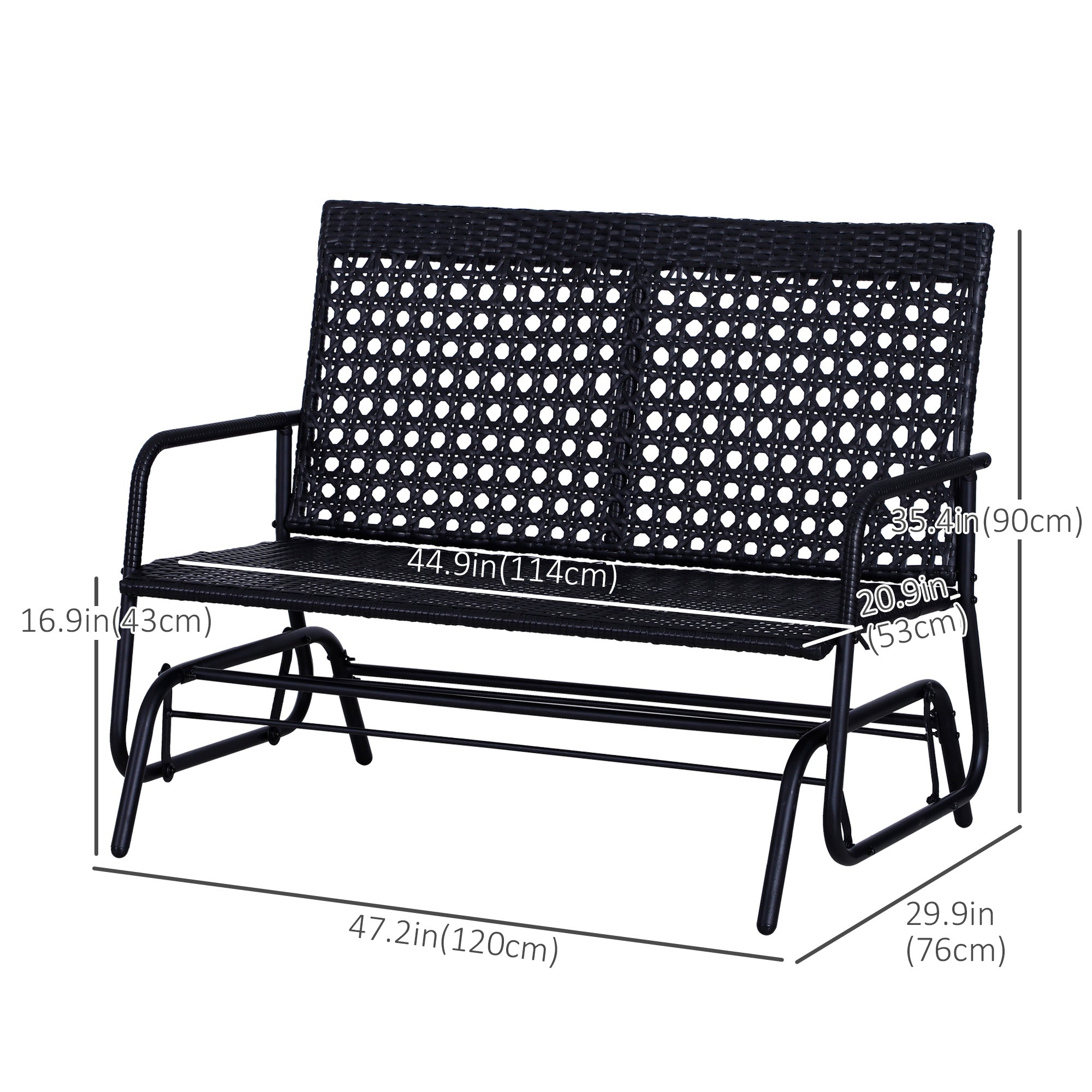 Outdoor Glider Patio Rattan Swing Garden Bench Wicker Rocking Chair Steel Frame, for Garden, Backyard, Porch, Balcony 47