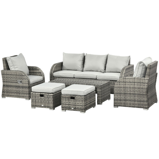 6 Pieces Patio Furniture Set, Conversation Set Wicker Sectional Set Cushioned Outdoor Rattan 3-Seat Sofa, 2 Adjustable Recliners, 2 Footstools &; Table Set for Lawn Garden Backyard, Light Grey - Gallery Canada