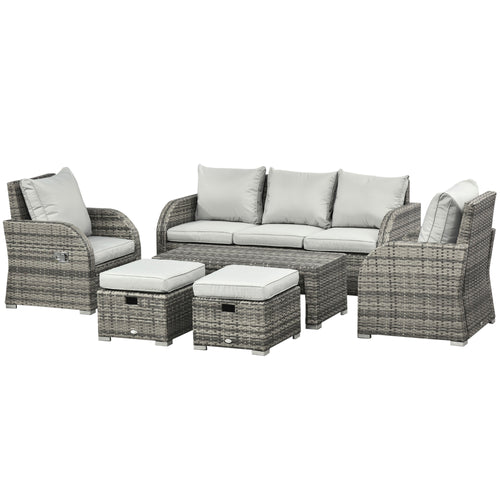 6-Piece Wicker Patio Furniture Set: Sofa, Recliners, Footstools, Table, Light Grey