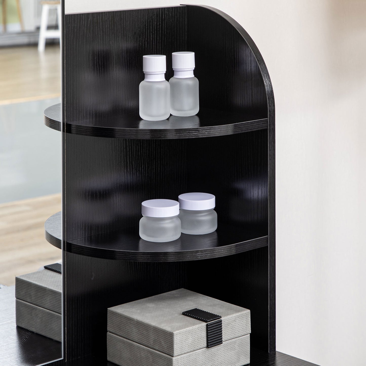 Vanity Table Wood Dressing Table w/ Makeup Mirror, Big Drawers, Open Shelf for Bedroom Black Dressing & Vanity Tables   at Gallery Canada