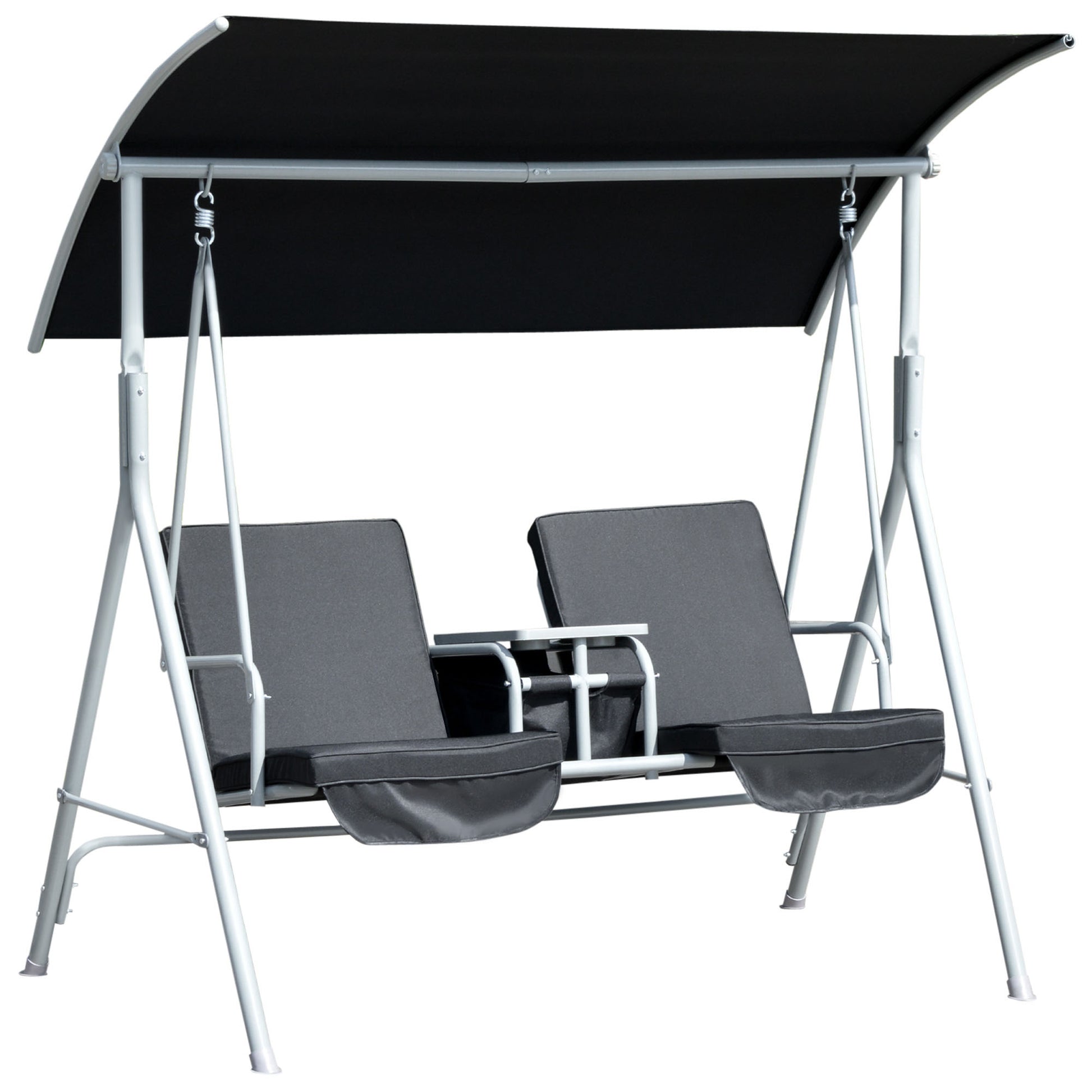 Double Outdoor Swing Chair 2 Person Covered Swing Porch Swing w/ Pivot Table and Storage Console, Black Patio Swings with Stand Black  at Gallery Canada