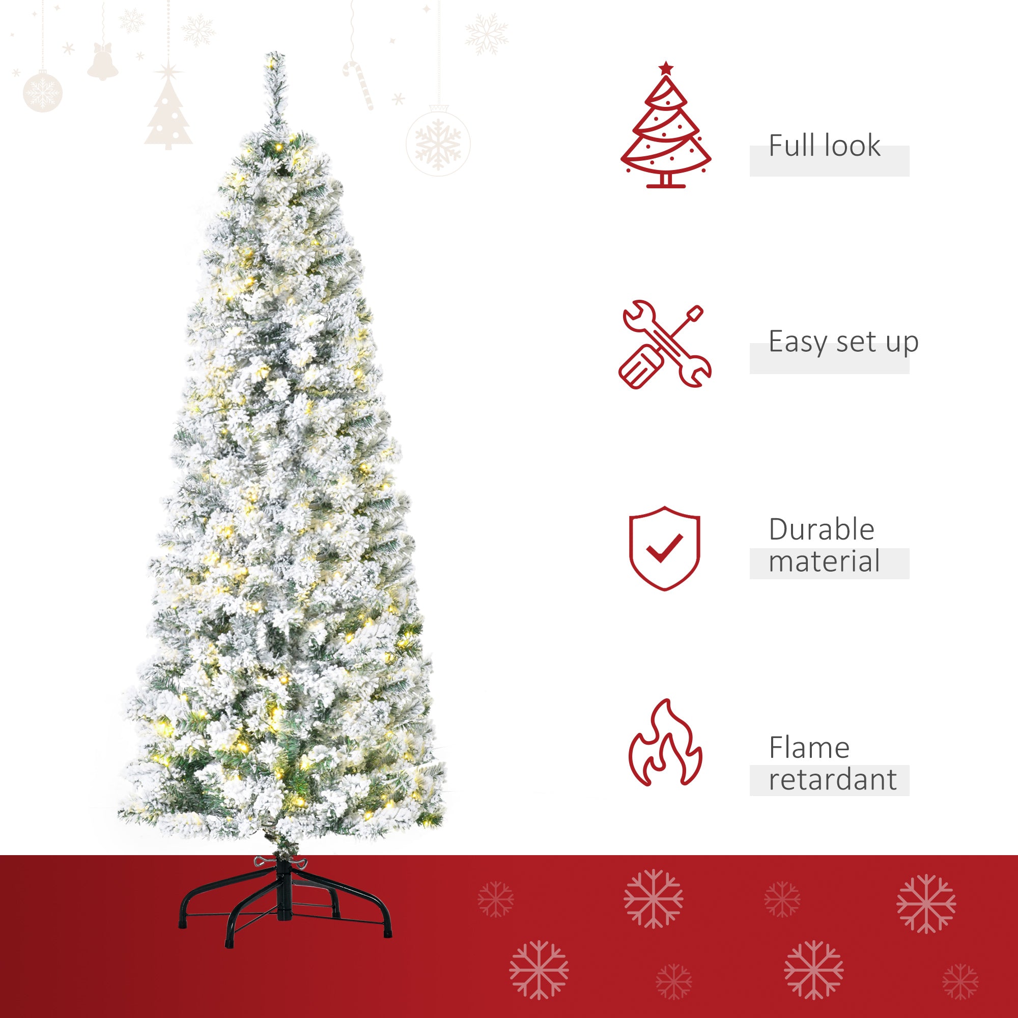 6ft Prelit Artificial Pencil Christmas Tree, Snow Flocked Slim Xmas Tree with Warm White LED Lights - Green Pre Lit Christmas Trees   at Gallery Canada