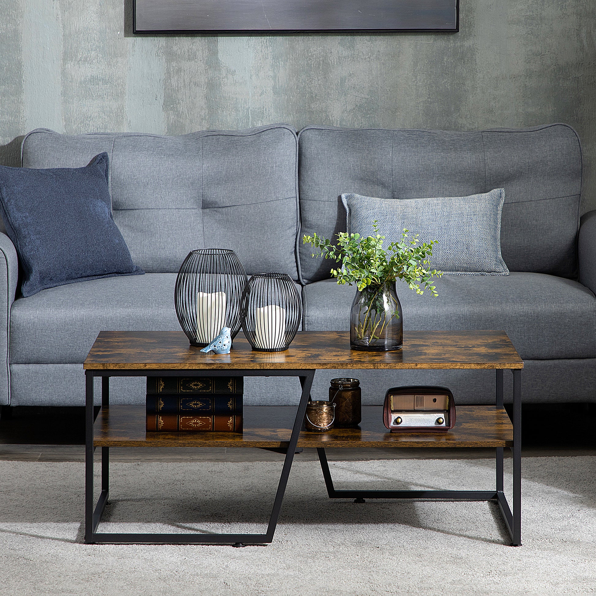 Coffee Table with Storage Shelf, Center Table with Steel Frame and Adjustable Foot Pads for Living Room, Rustic Brown Coffee Tables   at Gallery Canada