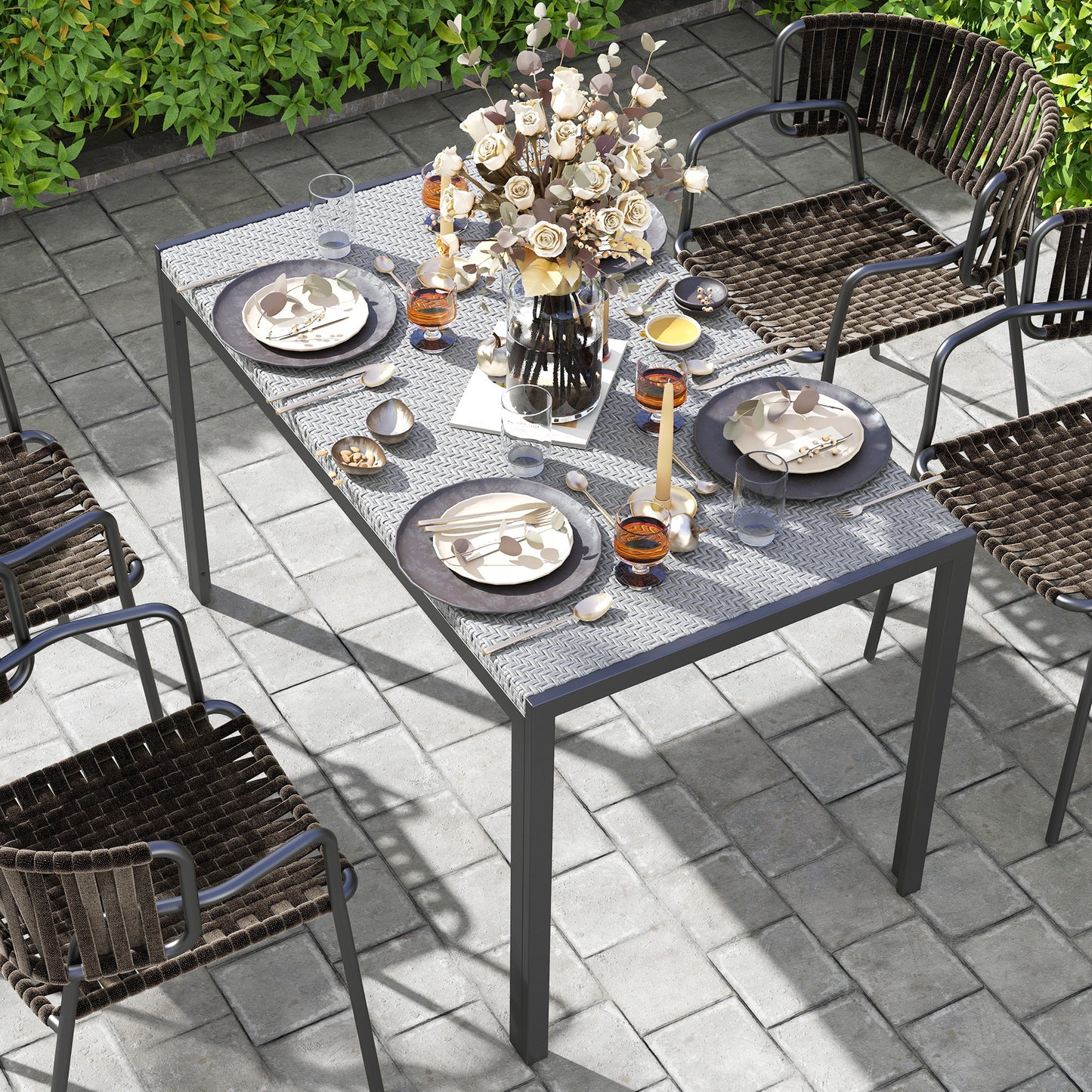 Rectangular Outdoor Dining Table, 4-Seat Patio Table with PE Rattan Wicker Tabletop for Backyard and Lawn, Grey Patio Dinning Tables   at Gallery Canada