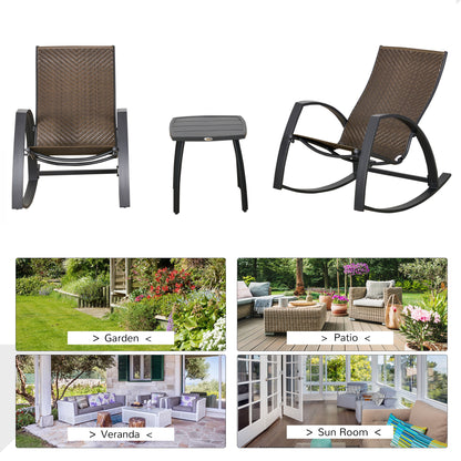 Patio Wicker Rocking Chair Set with Glass Top Table, Aluminum Frame, Brown Outdoor Rocking Chairs   at Gallery Canada