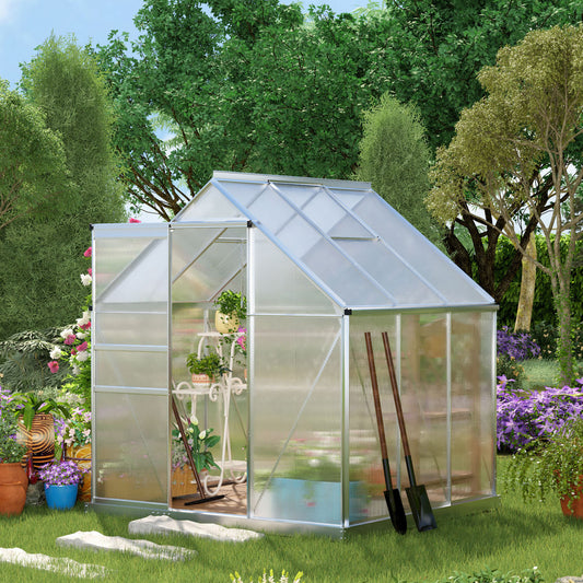 6' x 6' x 6.5' Polycarbonate Greenhouse, Walk-in Green House with Adjustable Roof Vent, Galvanized Base, Sliding Door and Rain Gutter for Outdoor, Garden, Backyard, Clear - Gallery Canada