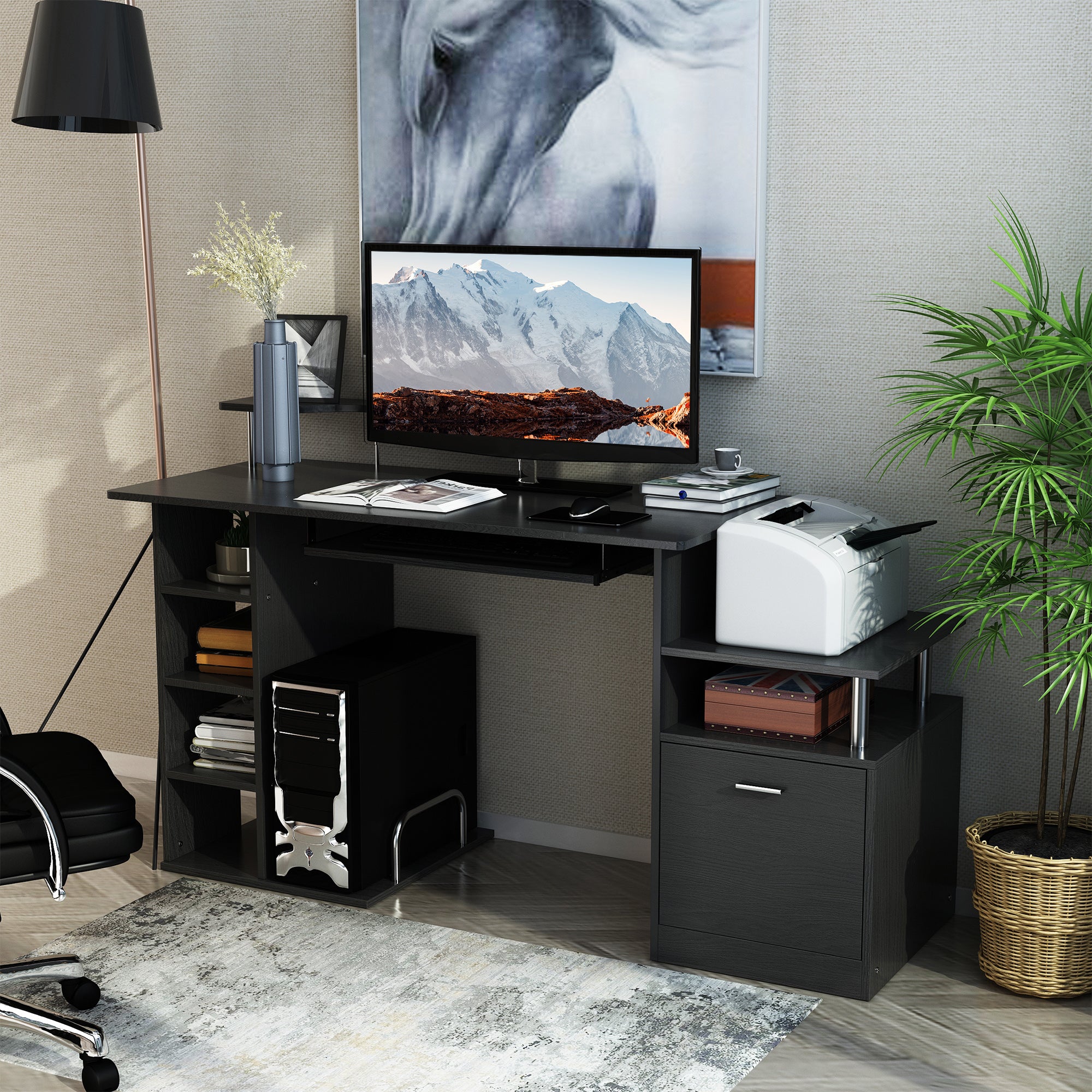 Wood Computer Desk Table Laptop Workstation with Storage Shelf Drawer Office Home Black Computer Desks   at Gallery Canada