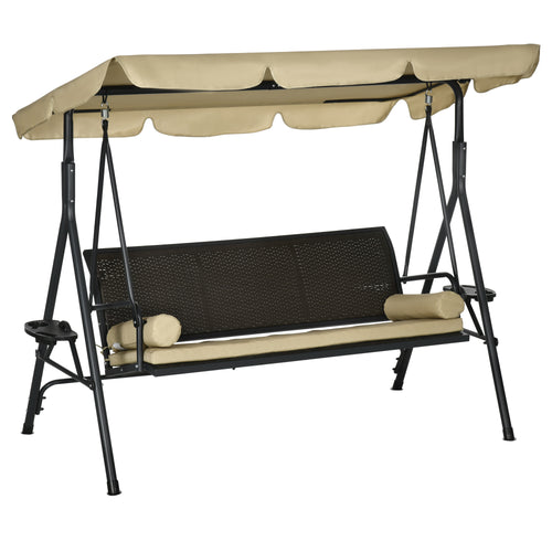 Outdoor 3-Seat Porch Swing with Canopy, Rattan Seat, Removable Cushion, Pillows and Steel Frame