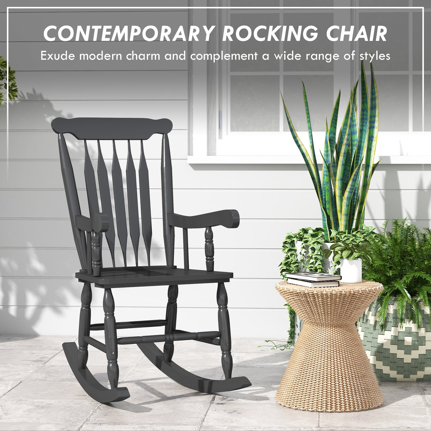 Porch Rocker Chair, Outdoor Wooden Rocking Chair with High Back for Garden, Patio, Balcony, Black Outdoor Rocking Chairs   at Gallery Canada