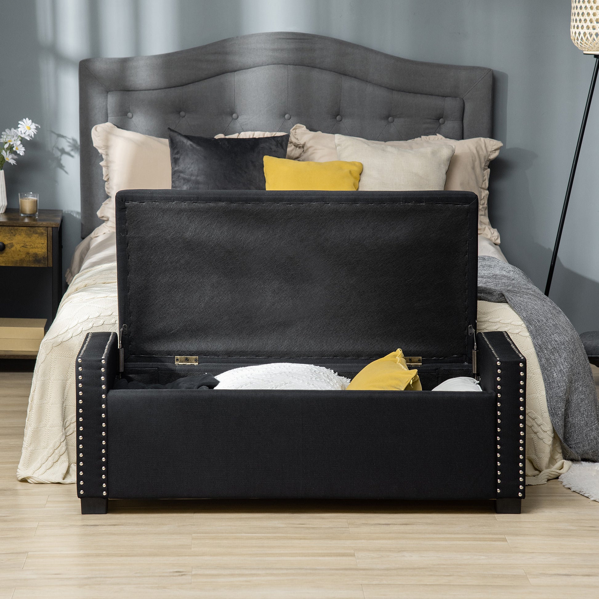 Upholstered Flip Top Storage Bench Fabric Ottoman for Bedroom, Living room, Dark Grey - Gallery Canada