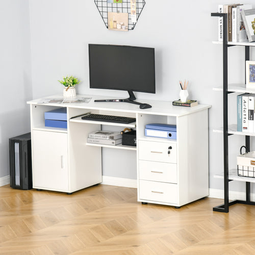 Computer Desk with Keyboard Tray and Drawers, Writing Desk, Home Office Workstation, White