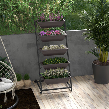 5-Tier Vertical Raised Garden Planter with 5 Boxes, Wheels, Outdoor Plant Stand for Vegetable Flowers, Brown - Gallery Canada