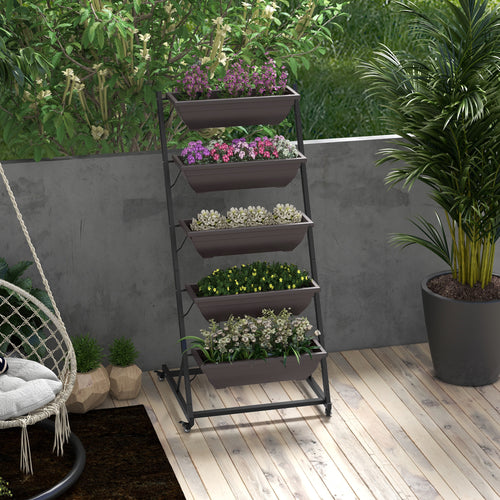 5-Tier Vertical Raised Garden Planter with 5 Boxes, Wheels, Outdoor Plant Stand for Vegetable Flowers, Brown