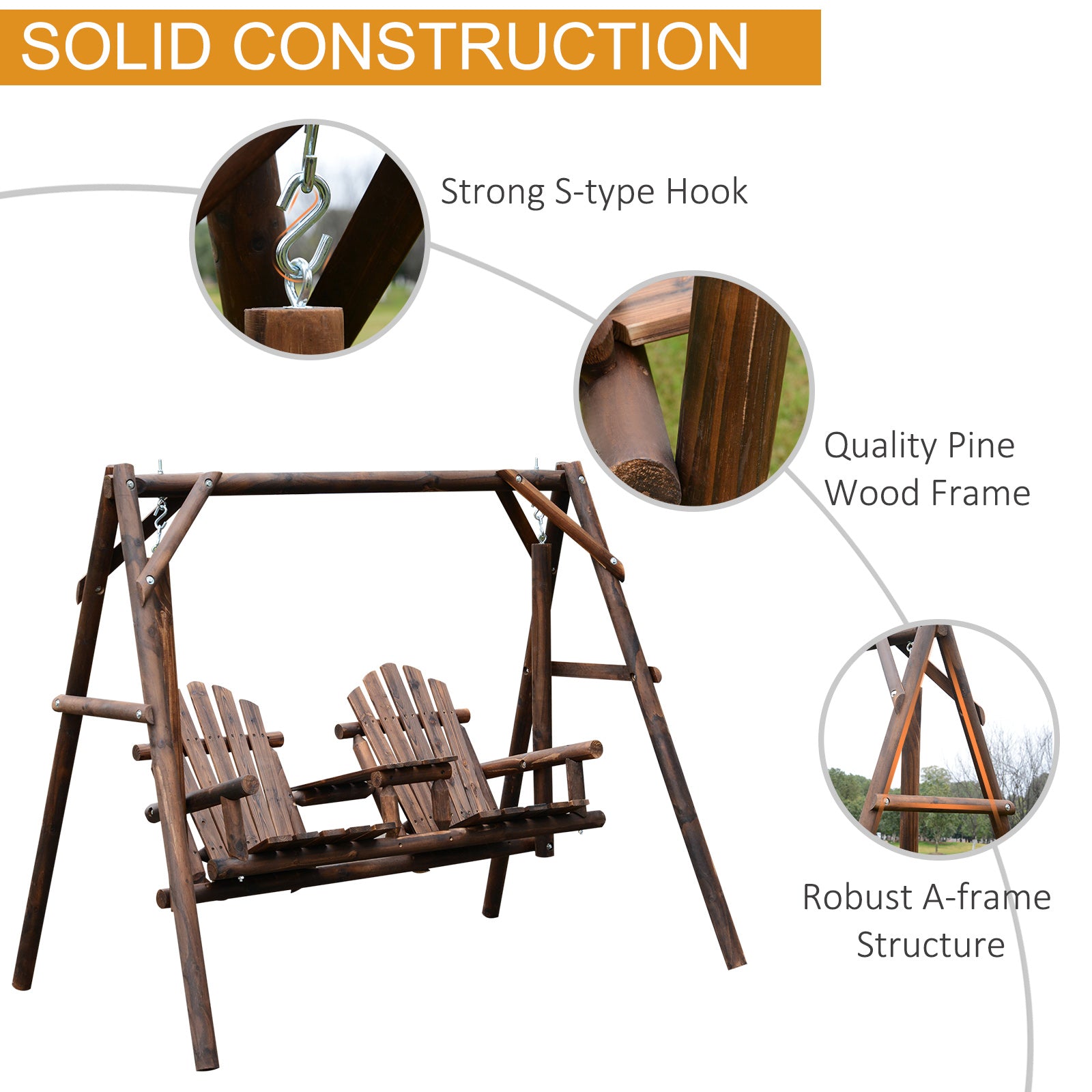 Wooden 2-Seat A-Frame Porch Swing Rustic Patio Bench Outdoor Furniture w/ Table Patio Swings with Stand   at Gallery Canada