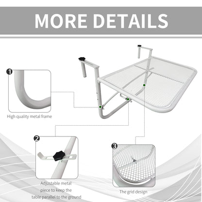 Adjustable Balcony Hanging Railing Table, Metal Mounting Mini Wall Desk Storage Rack, Outdoor Flower Stand Serving Table Rectangle, White Balcony Table Hanging   at Gallery Canada