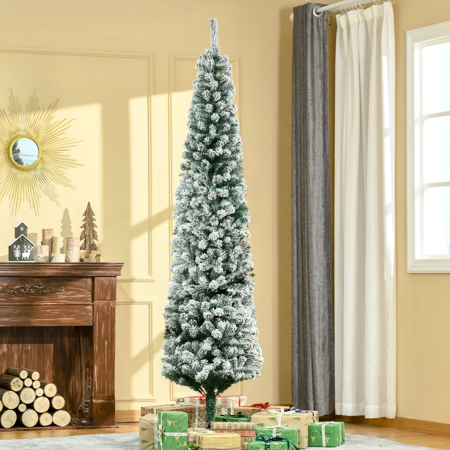 7.5ft Snow Flocked Pencil Christmas Tree Artificial Slim Xmas Tree with Realistic Branch Tips Folding Metal Stand Pencil Christmas Trees   at Gallery Canada