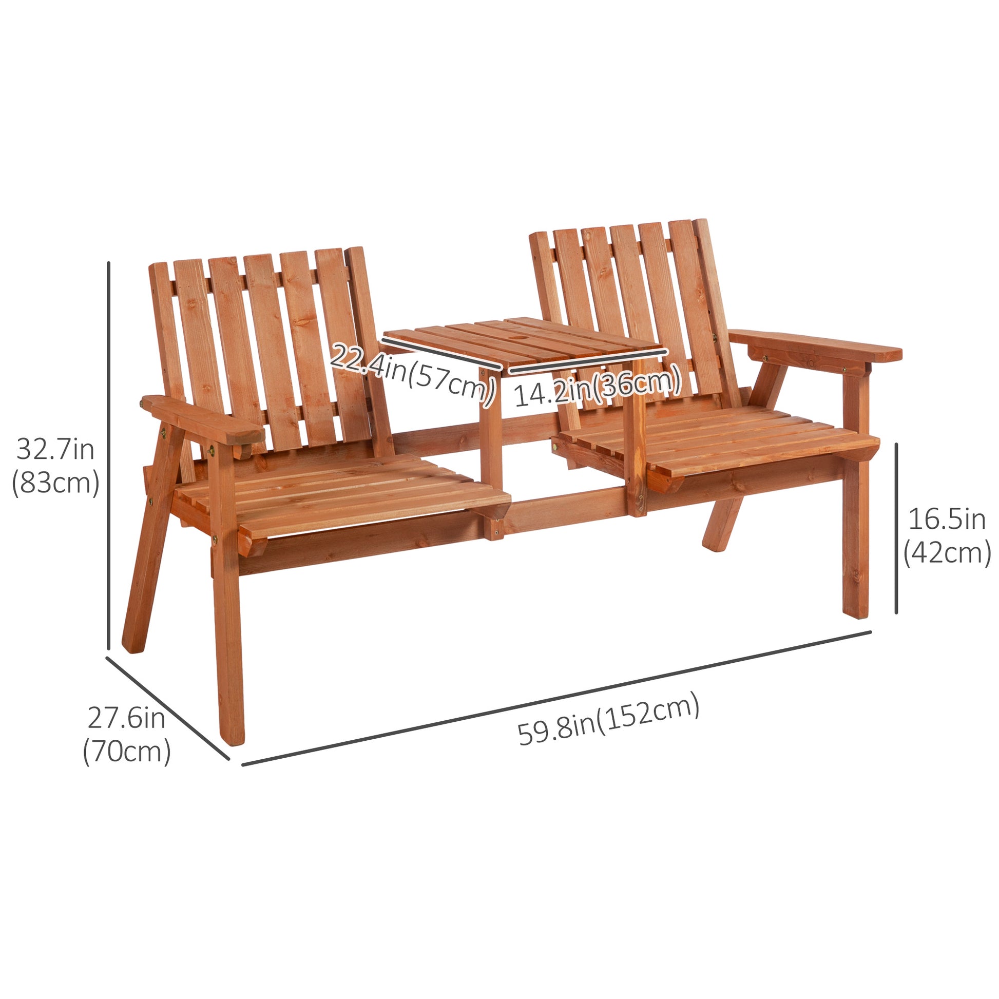 Garden Bench for 2 Persons with Middle Table and Umbrella Hole, 2-Seater Outdoor Wooden Bench with Slat Design, Orange Outdoor Benches   at Gallery Canada