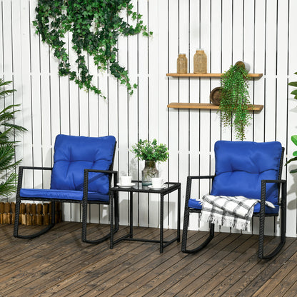 Outdoor Wicker Rocking Bistro Set with Cushions and Glass Table, Blue Outdoor Rocking Chairs   at Gallery Canada