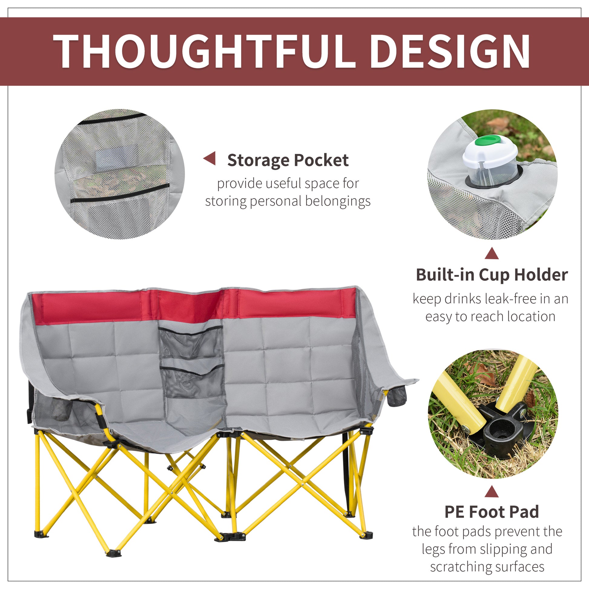 Compact Double Seat Camping Chair with Storage Pocket & Cup Holder, Red Picnic Tables & Camping Chairs   at Gallery Canada