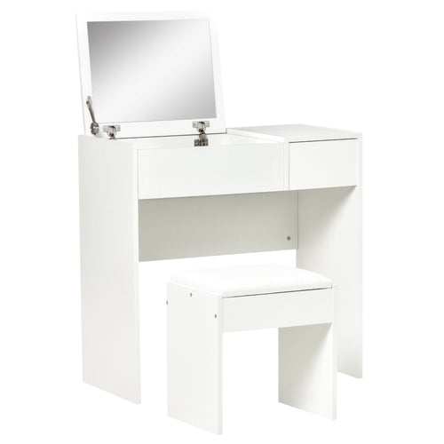 Vanity Table Set with Flip Top Mirror and Cushioned Stool, Makeup Table Dresser Desk with Drawer and Storage Grids for Bedroom, White