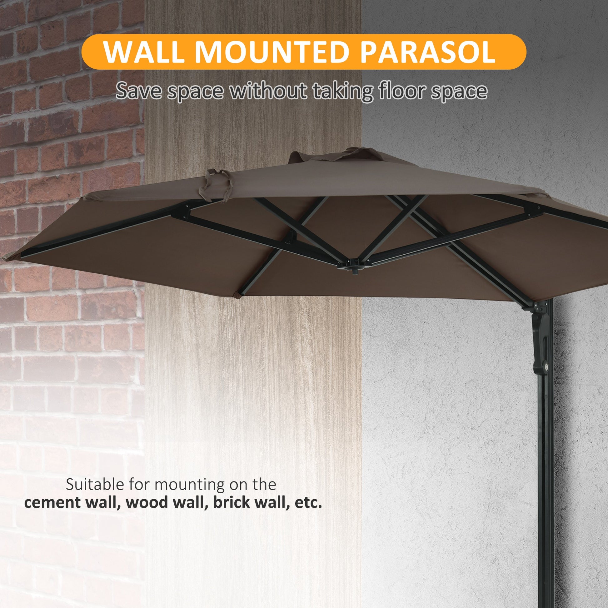 8 ft Wall Mounted Umbrella with 180° Rotatable Canopy, Patio Wall Parasol for Outdoor, Garden, Balcony, Yard, Khaki Sun Umbrellas   at Gallery Canada