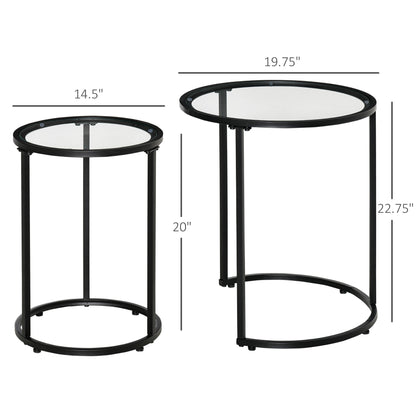 Set of 2 Nesting Coffee Tables with Metal Base, Round Side Table with Tempered Glass Tabletop for Living Room, Bedroom, Black Side Tables   at Gallery Canada