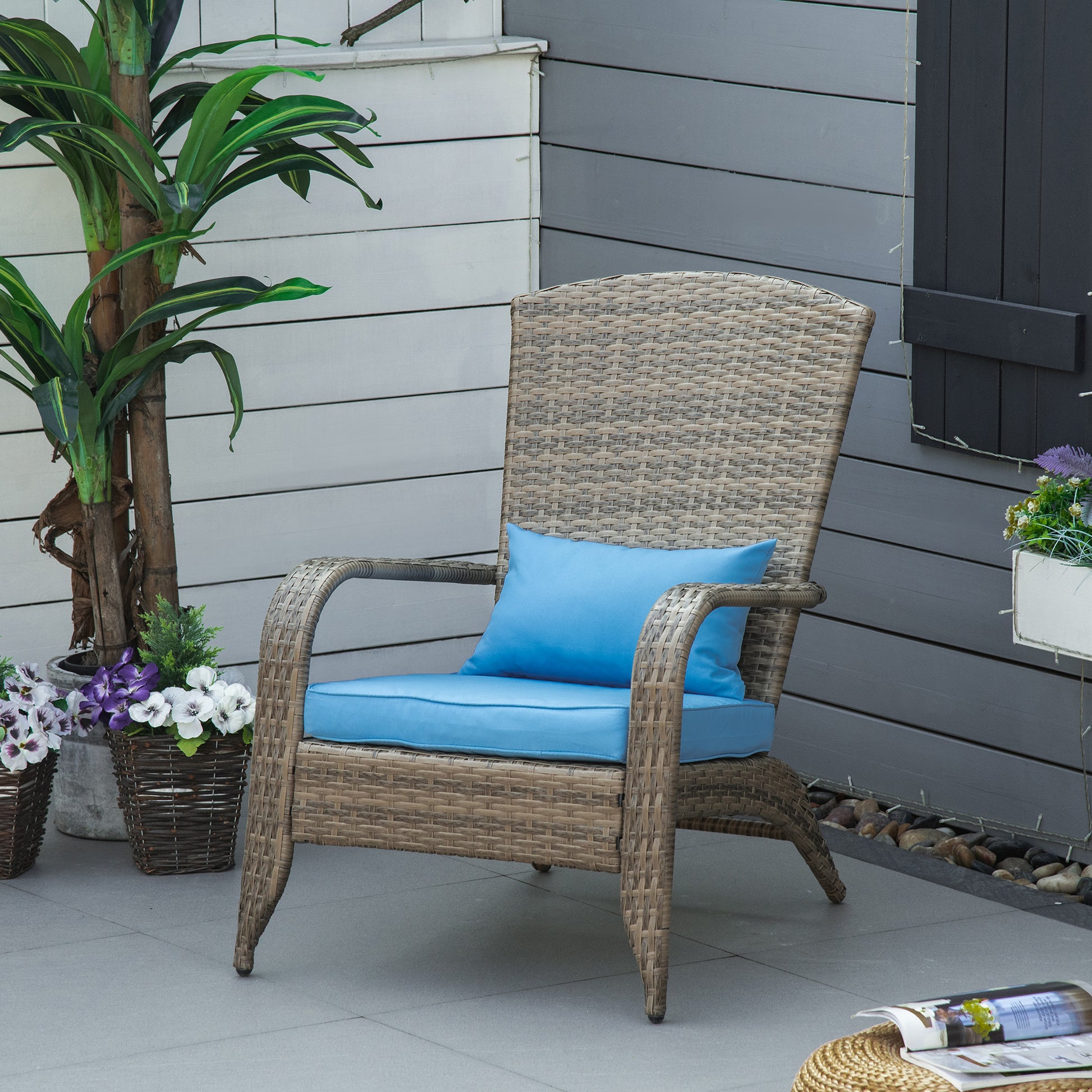 Wicker Adirondack Chair with Cushions, Tall Backrest, Armrests for Patio or Garden, Blue Patio Chairs   at Gallery Canada