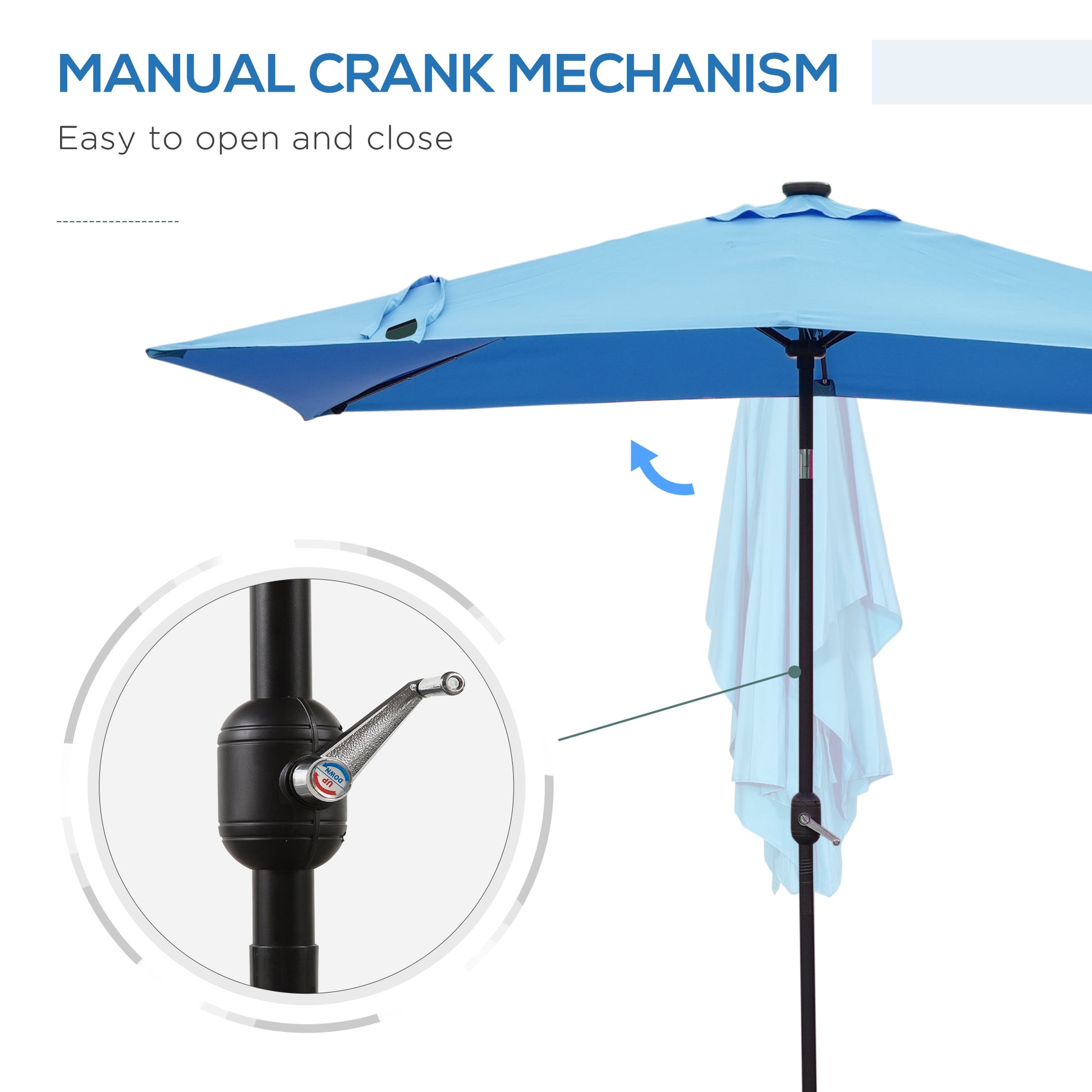 6' x 10' Patio Umbrella with 35 LED Solar Lights and Tilt, Rectangular Outdoor Table Umbrella with Crank, Light Blue - Gallery Canada