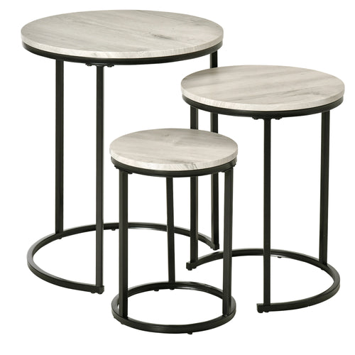 Nesting Tables Set of 3, Round Coffee Table, Modern Stacking Side Tables with Wood Grain Steel Frame for Living Room, Grey