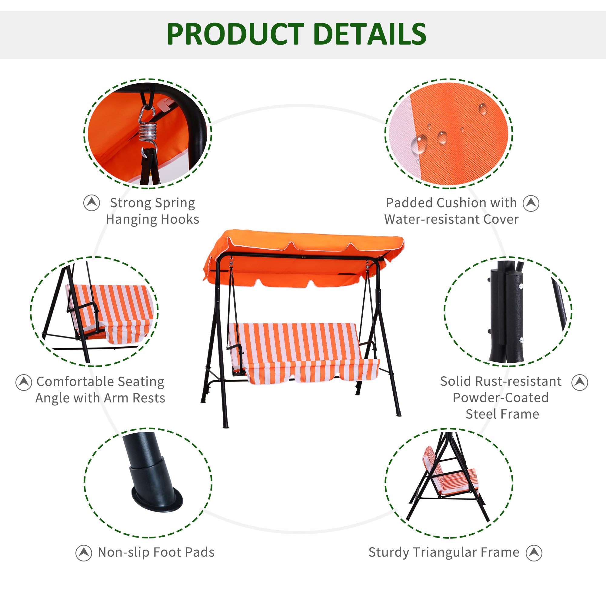 3-Seat Outdoor Patio Swing Chair with Adjustable Canopy and Removable Cushion, Weather-Resistant Steel Frame, Orange Porch Swings with Canopy   at Gallery Canada