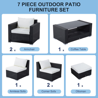 7 Pieces Patio Wicker Furniture Set, Outdoor PE Rattan Sectional Conversation Furniture Sofa with Glass Table and Cushion, Beige Patio Furniture Sets   at Gallery Canada