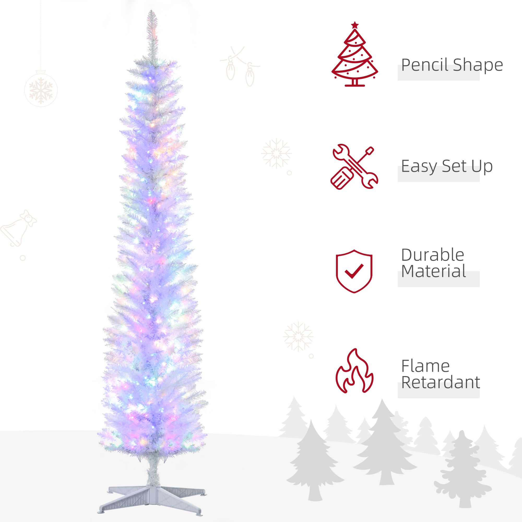 7' Prelit Christmas Trees, Pencil Artificial Christmas Tree with Colourful Surface Tips, Colourful LED Lights, White Pencil Christmas Trees   at Gallery Canada